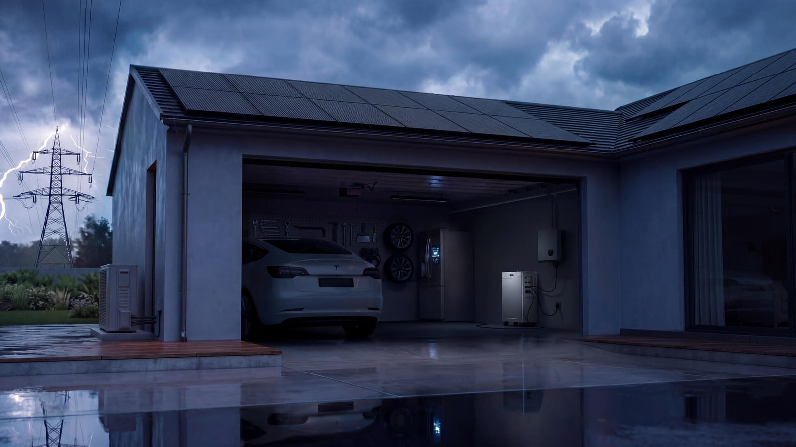 Pendant la nuit de la panne de courant, la batterie solaire continue à alimenter le garage